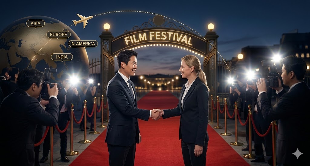 K-Film 세계 진출 - 비행기, 영화제 레드카펫에서 해외 파트너와 악수하는 모습