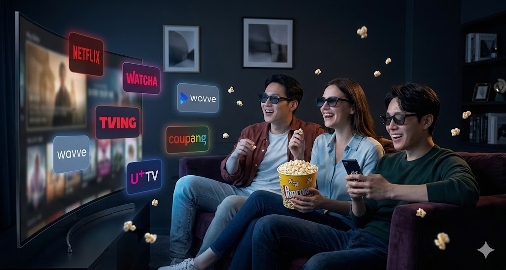 OTT VOD 디지털 배급 - Netflix, Watcha, Tving, Wavve 등 플랫폼에서 선글라스 쓴 관람객들이 팝콘과 함께 즐기는 모습