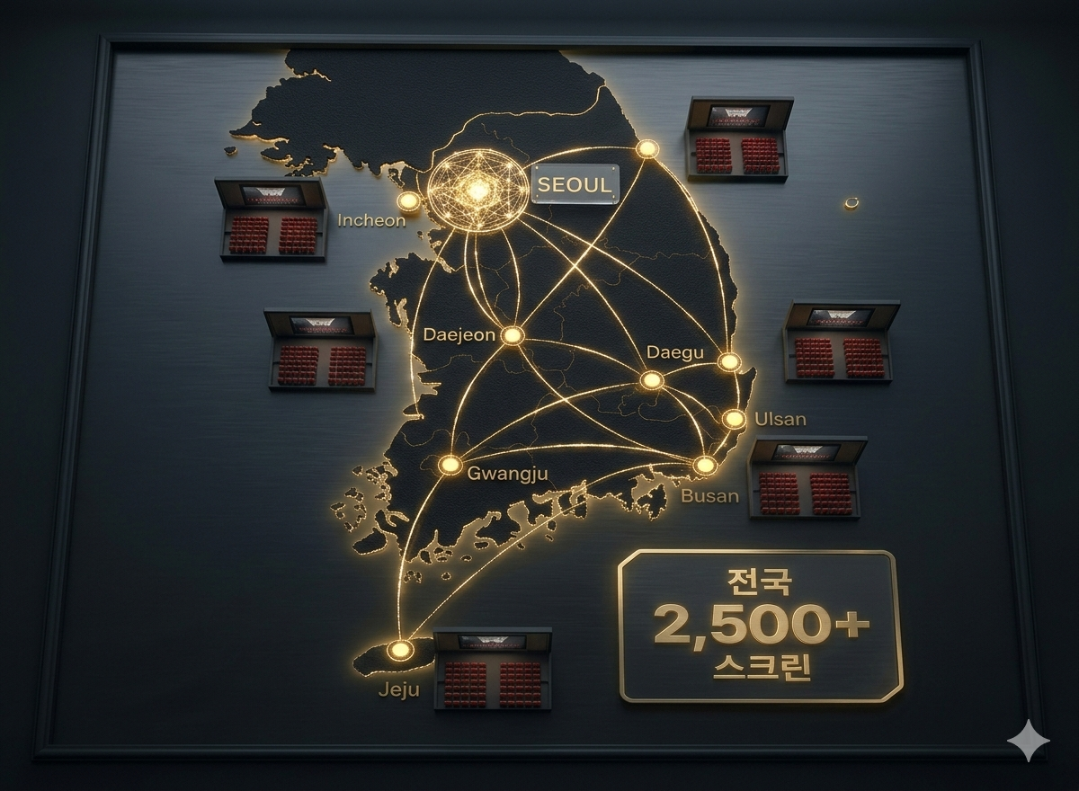 대한민국 전국 극장 네트워크 지도 - 서울, 부산, 인천, 대구, 대전, 광주, 제주, 울산 극장 상영관 연결